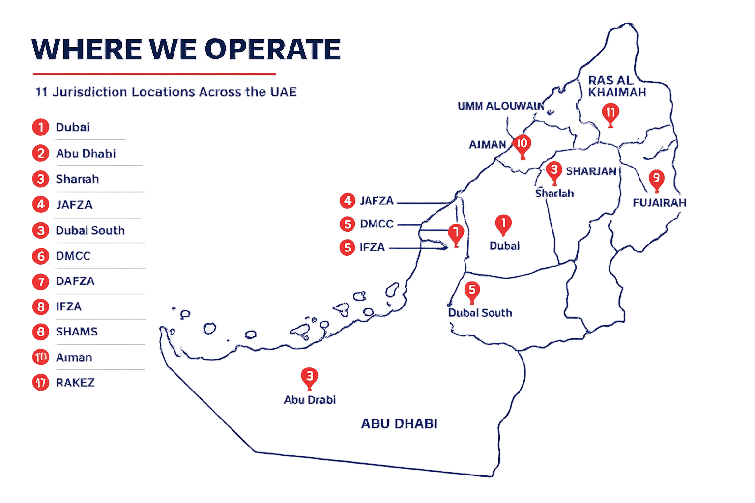 UAE map showing where Modest Consulting Services operates — mainland and free zones