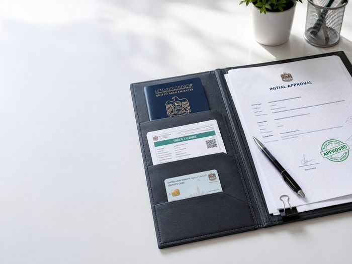 Document folder with passport, license copy, and initial approval on a clean white desk